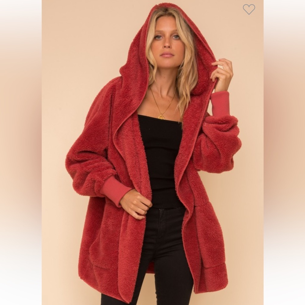 🆕Cardigan Plush Soft Oversized Hooded Cozy Open With Pockets Vintage Red OSFM